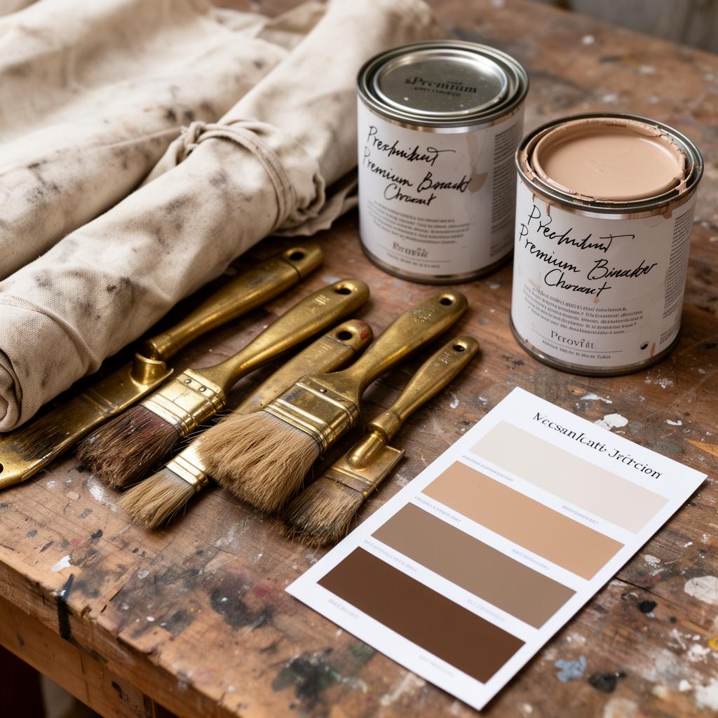 A painter's workbench with brushes, dust sheets, paint tins and a colour swatch card