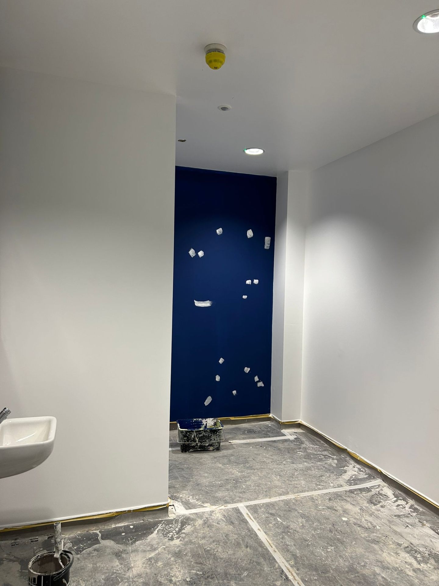 Cobalt blue accent wall, second-coat prep with filler spotting, by Bendrick Painting & Decorating