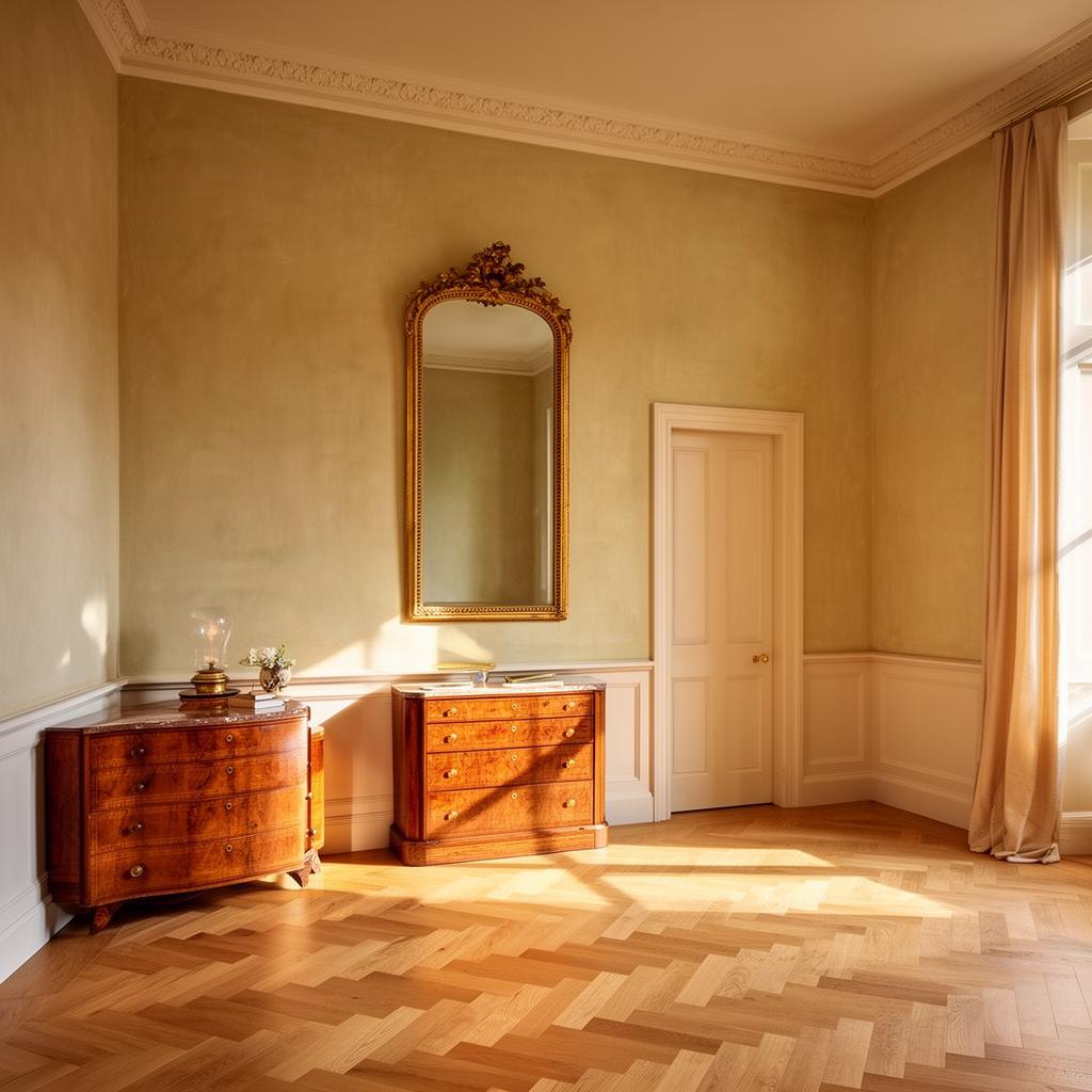Limewashed drawing room in soft clay tones with herringbone oak floor