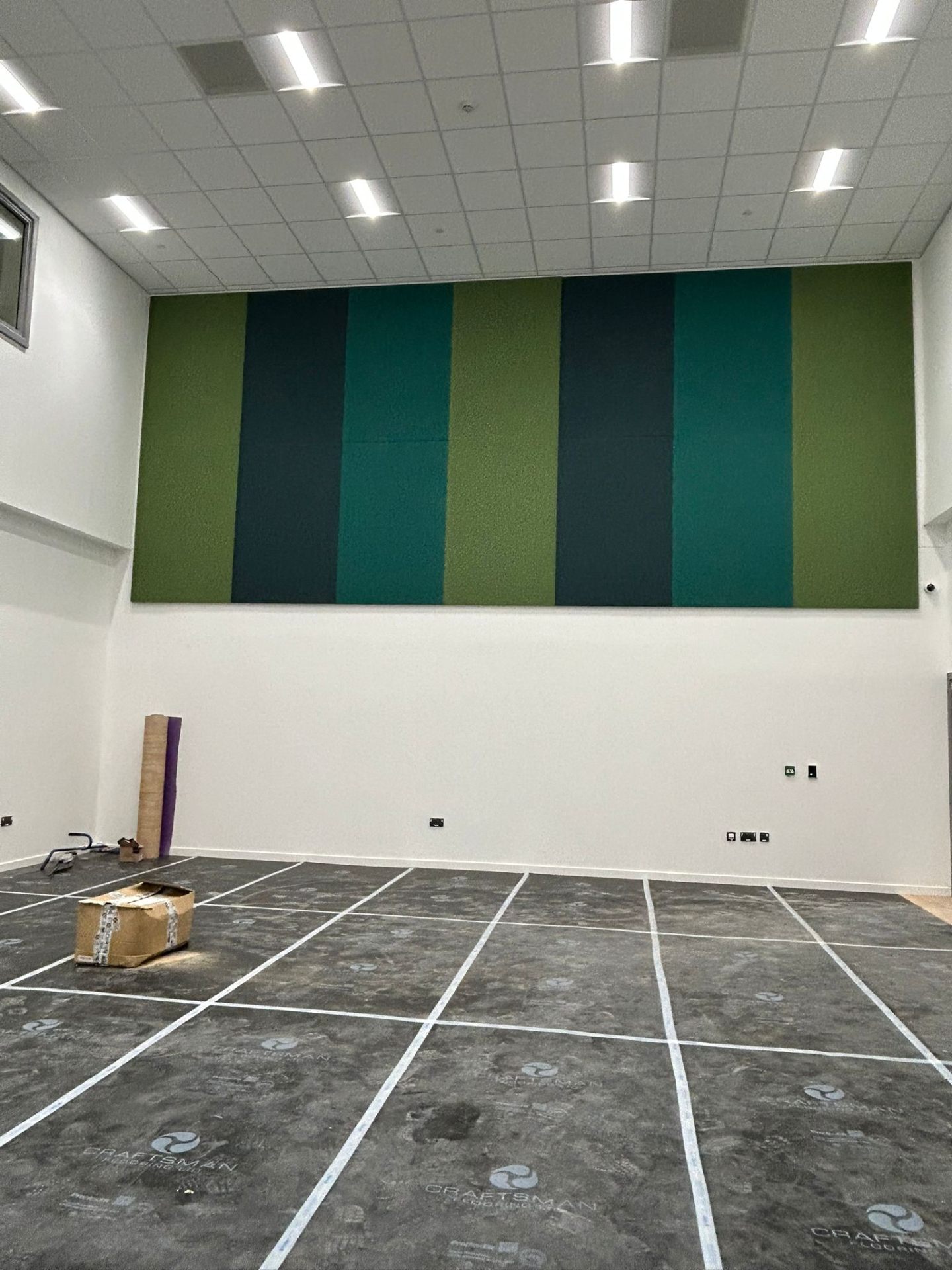 Sports hall feature wall in layered greens and deep teal stripes